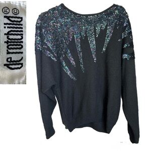 Vintage De Rotchild Black Sequin Sweater|1980s Iridescent Icicle Design Sz Large